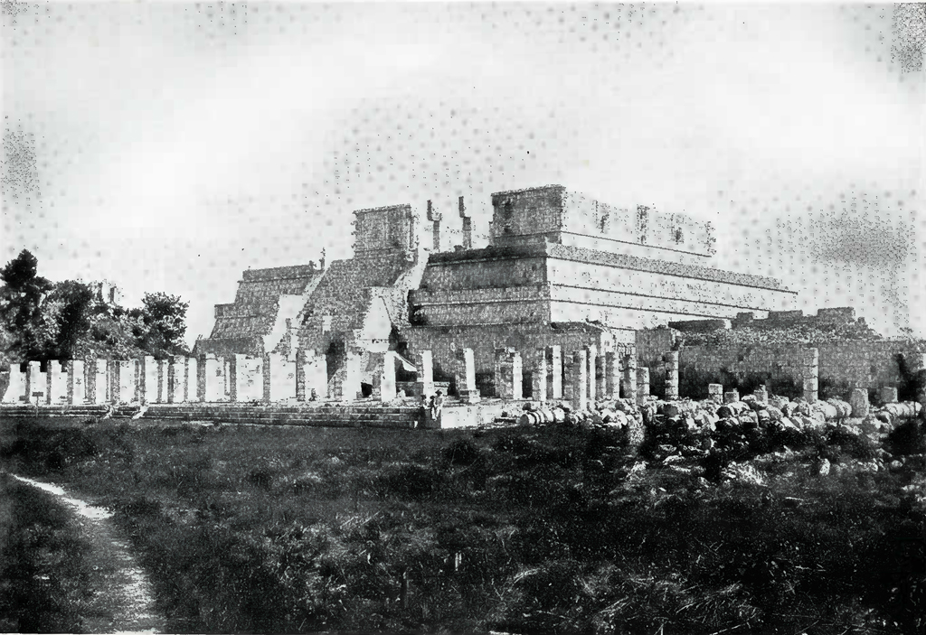 A temple ruins with many surrounding columns