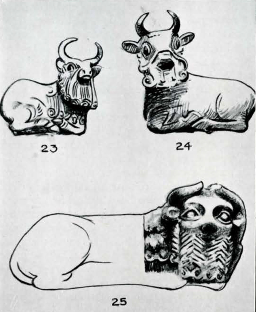 Drawings of three bearded bulls, one with a human face