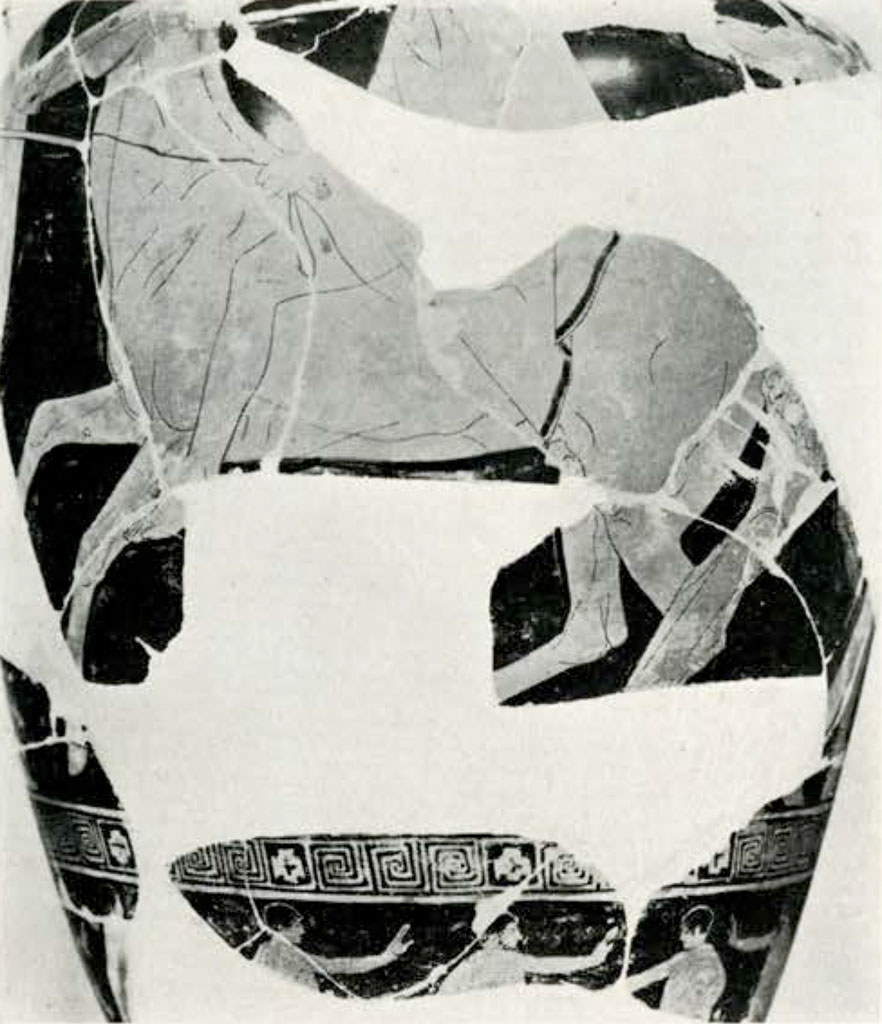 Close up of fragmented area from loutrophoros, showing the body of a horse, pieces missing