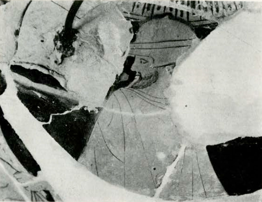 Close up of fragmented area from loutrophoros, showing a man, pieces missing