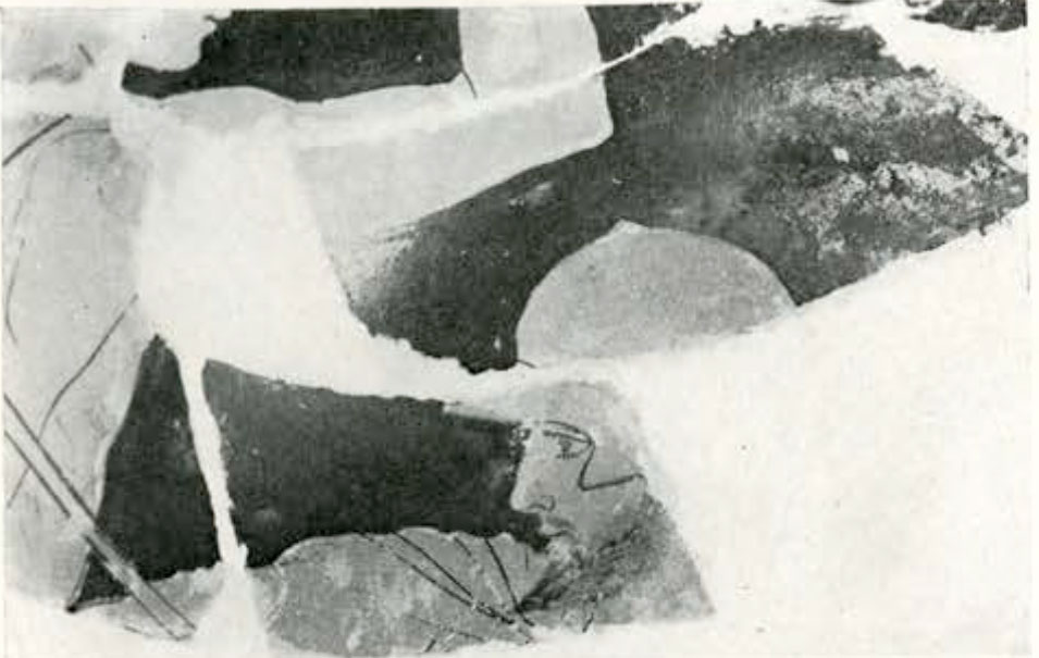 Close up of fragmented area from loutrophoros, showing a man's head, and a right elbow of another figure, pieces missing