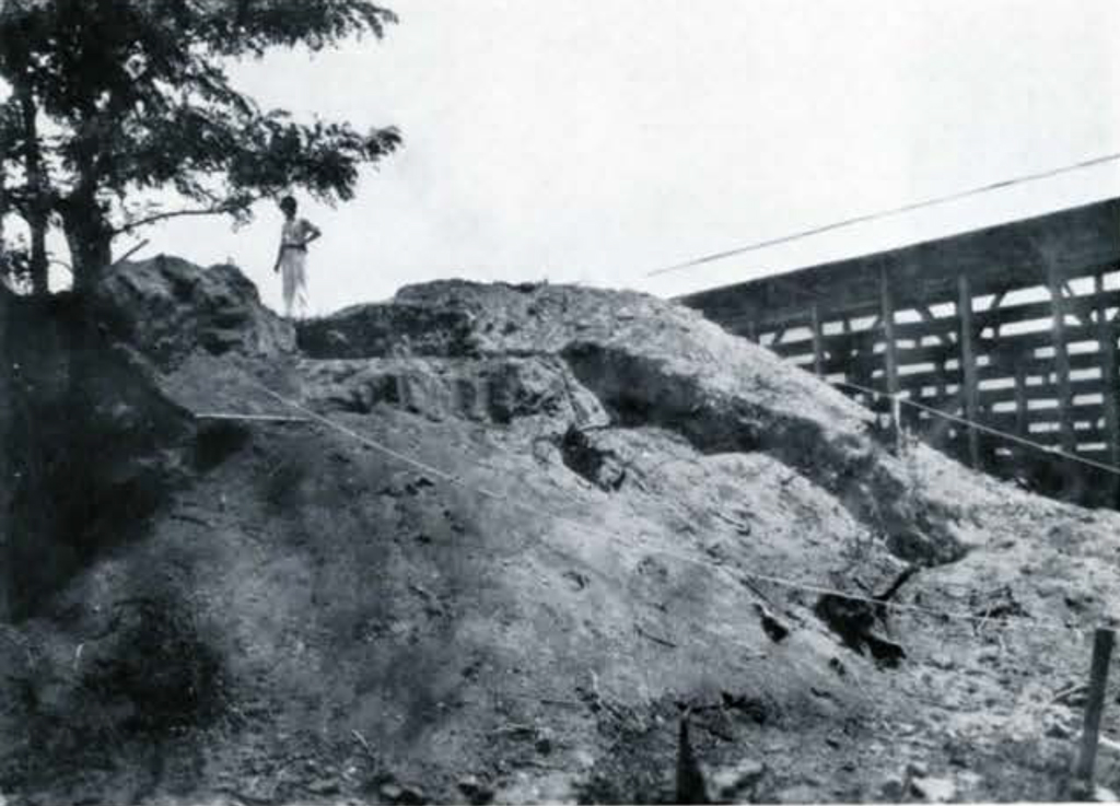 A mound with a man standing atop, a structure on the right