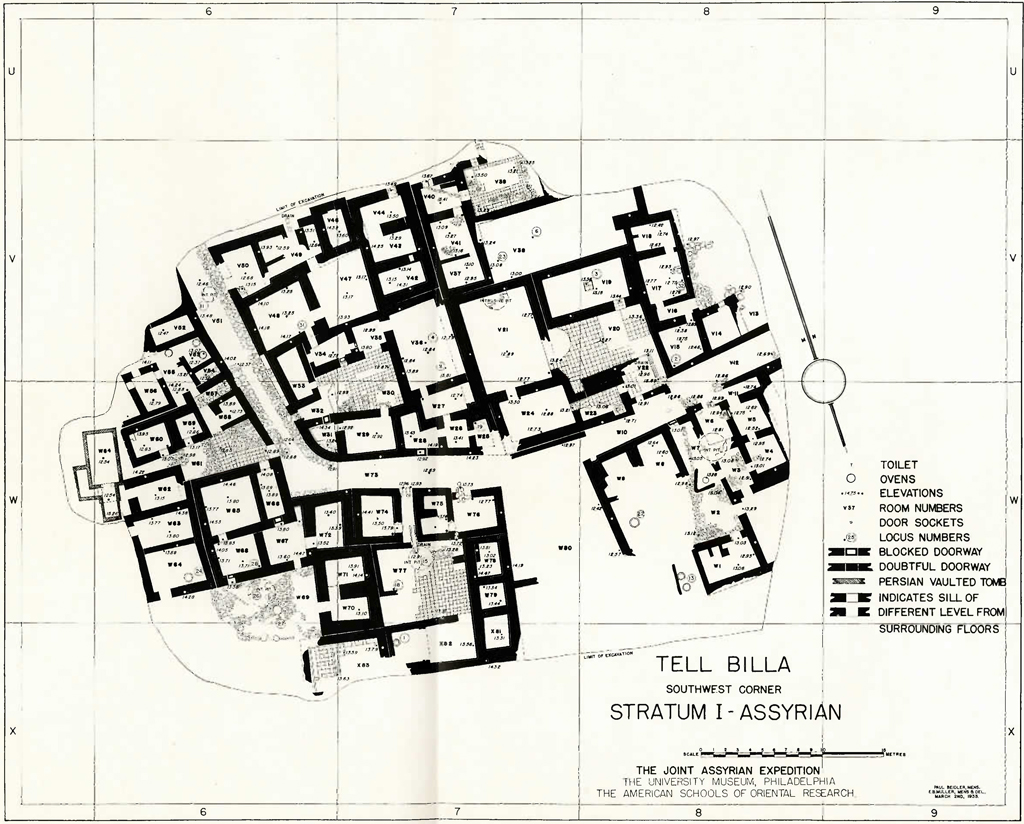 Drawn map of rooms of Tell Billa southwest corner