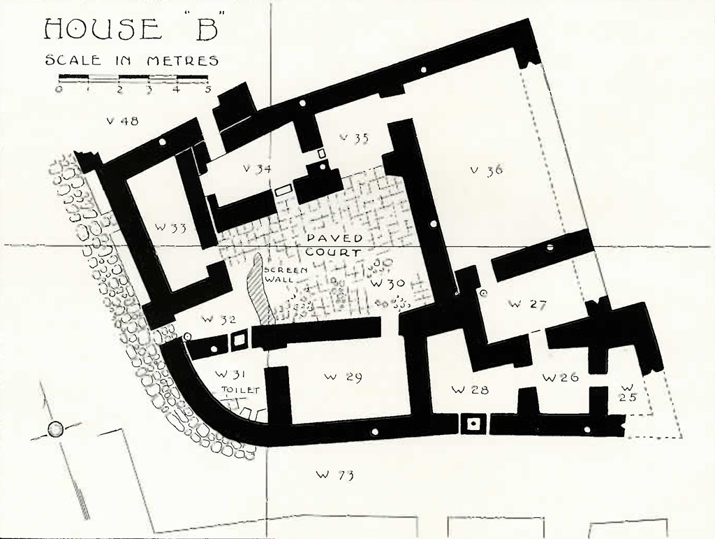 Drawn layout room plan of house B with courtyard