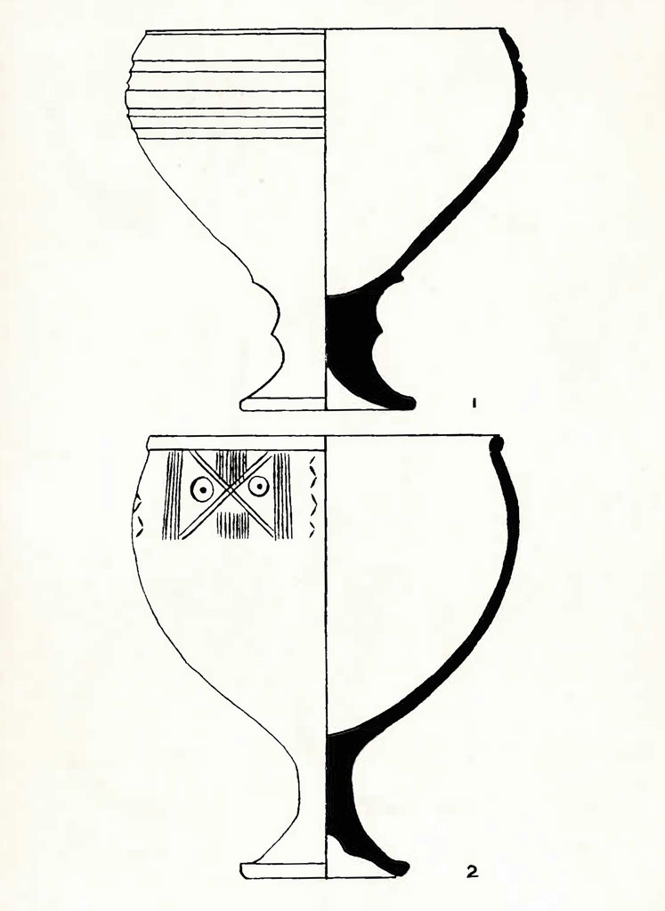 Exterior and cross section drawings of two cups with decoration around the top third of the body