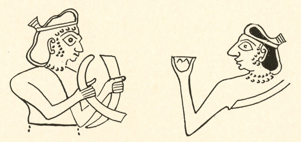 Drawing of the top of two figures, playing cymbals and drinking