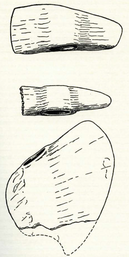 Drawings of side views of three axe heads