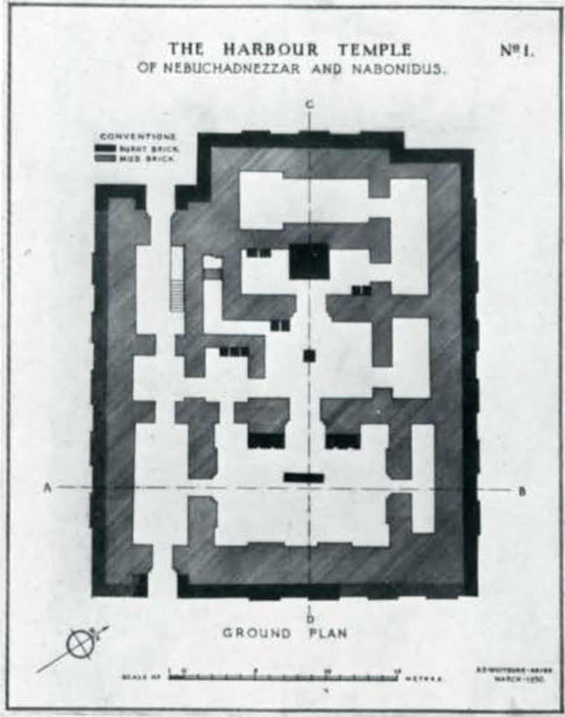 Drawn ground plan of the Harbour temple of Nebuchadnezzar and Nabonidus, showing brick types