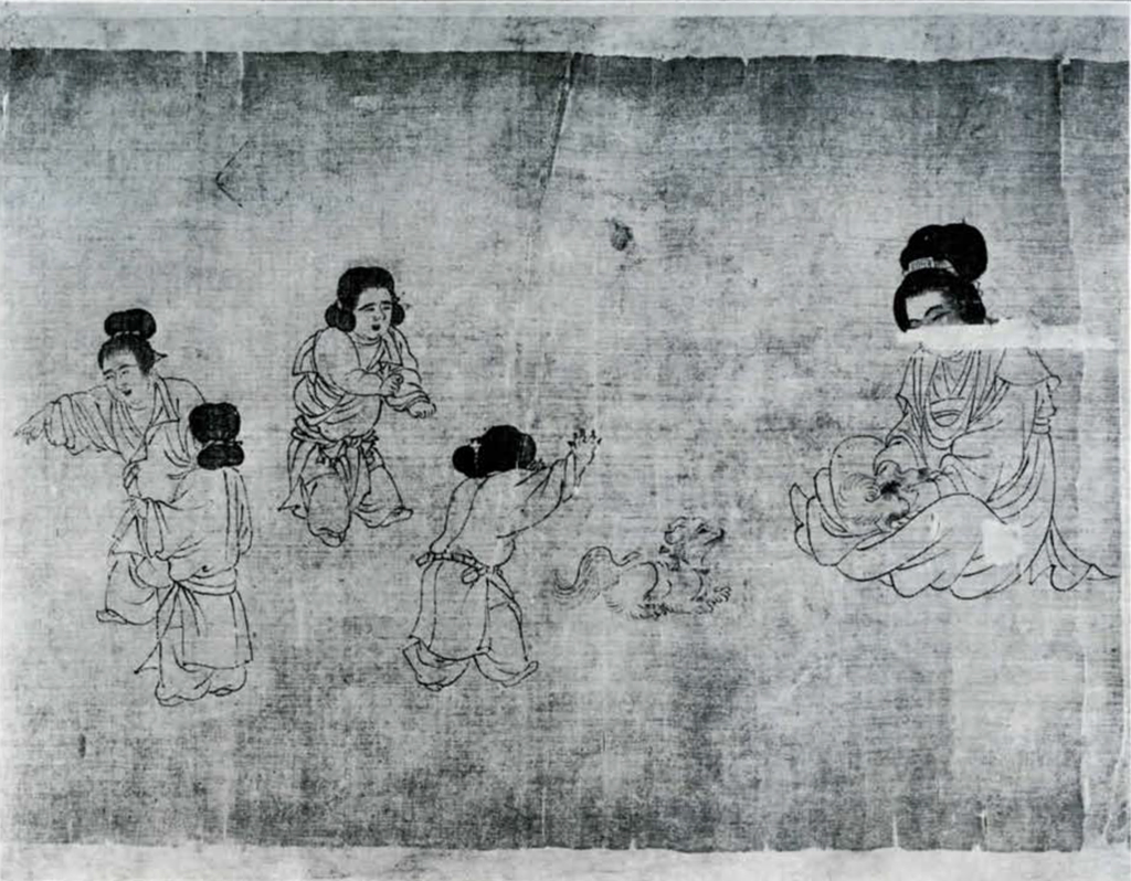Segment of a scroll painting showing four children playing with each other and dogs while a woman watches