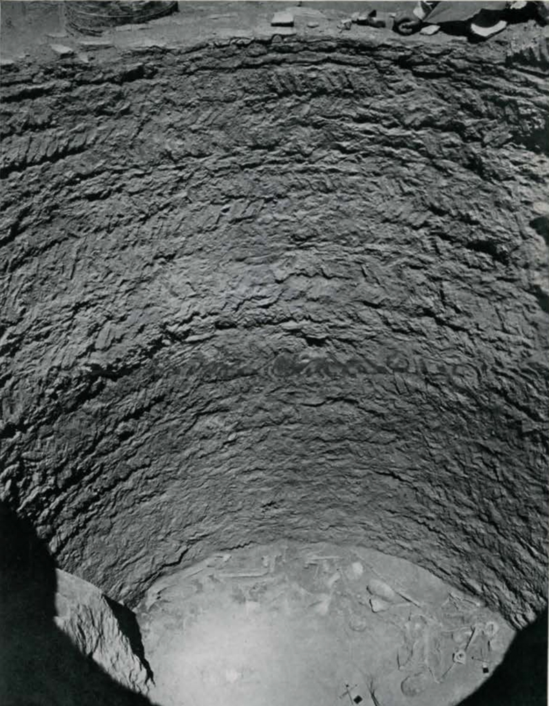A large cylindrical pit with remains at the bottom