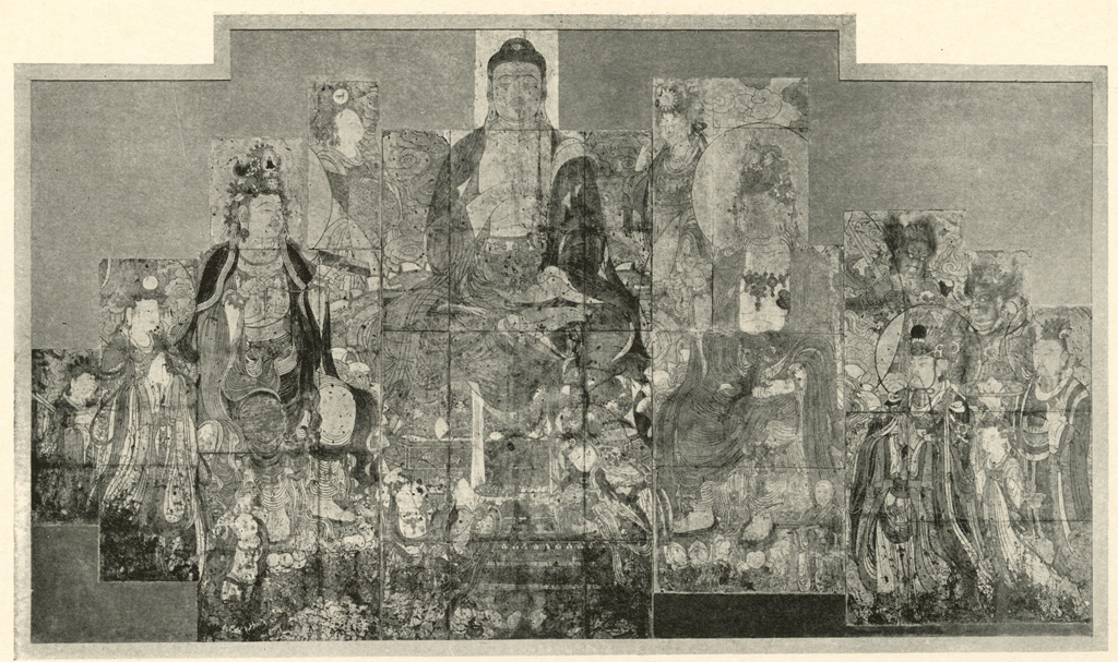 Large wall painting made of many sections showing Buddha of blazing light and Bodhisattvas