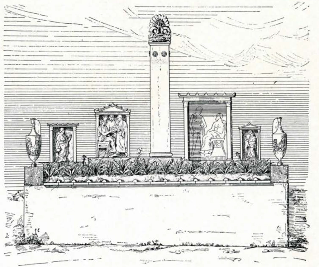 Drawing of a restored cemetery plot with several grave stelae, a middle column and vases on either side