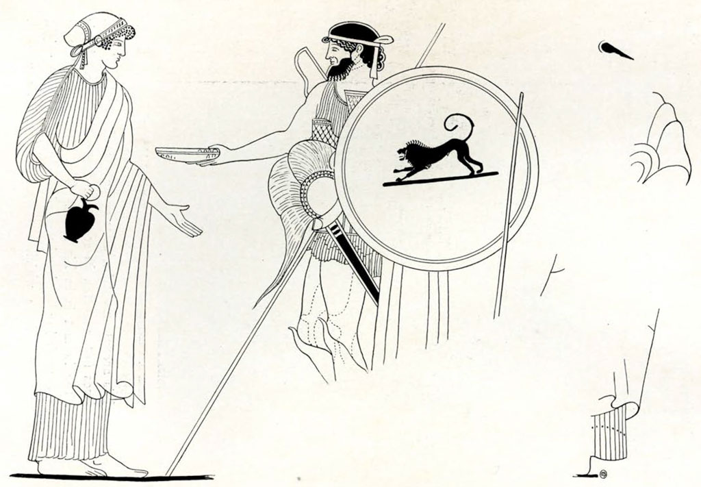 Drawing of design on red figured stamnos depicting a warrior with a shield with a lion on it, holding out a plate to a figure in draped clothing 