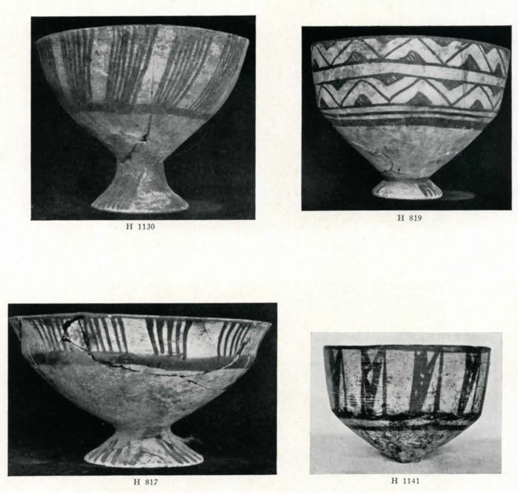 four bowls with vertical line designs