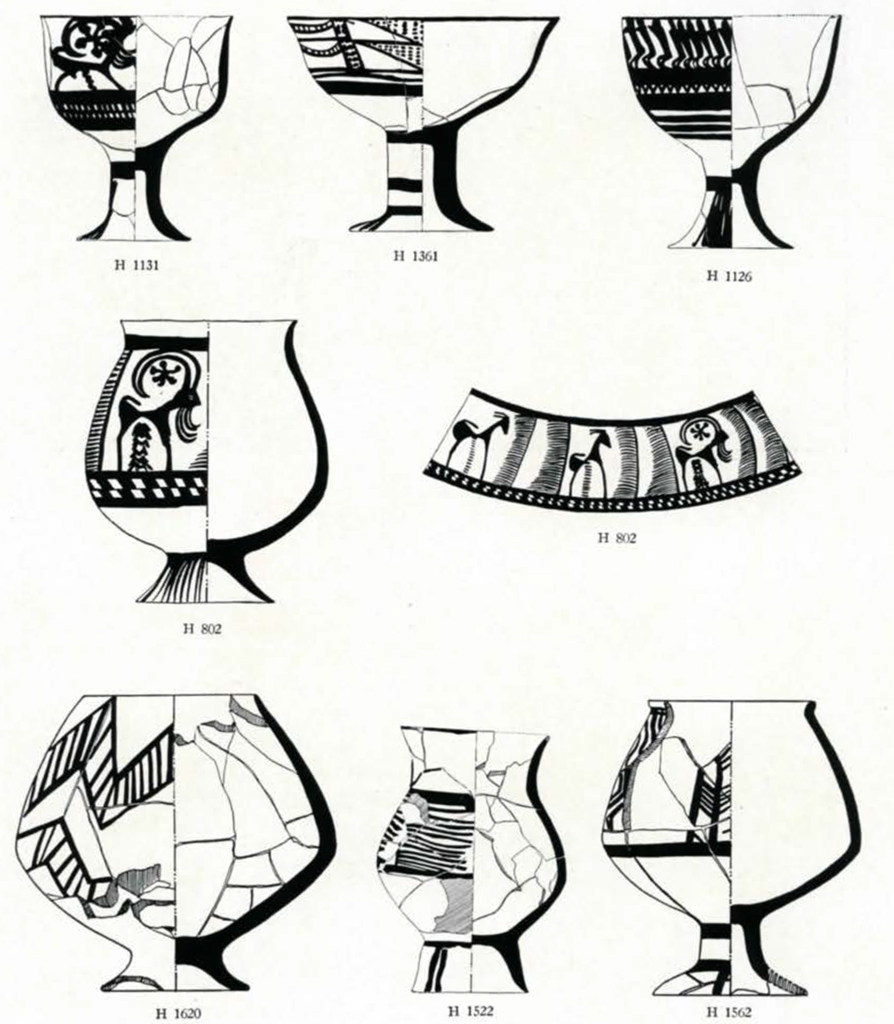 drawings of bowls and jars showing the exterior designs and cross section of each