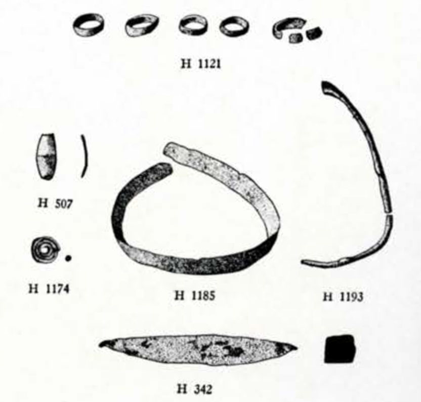 Drawings of several small objects, including rings, a bracelet, and a bead