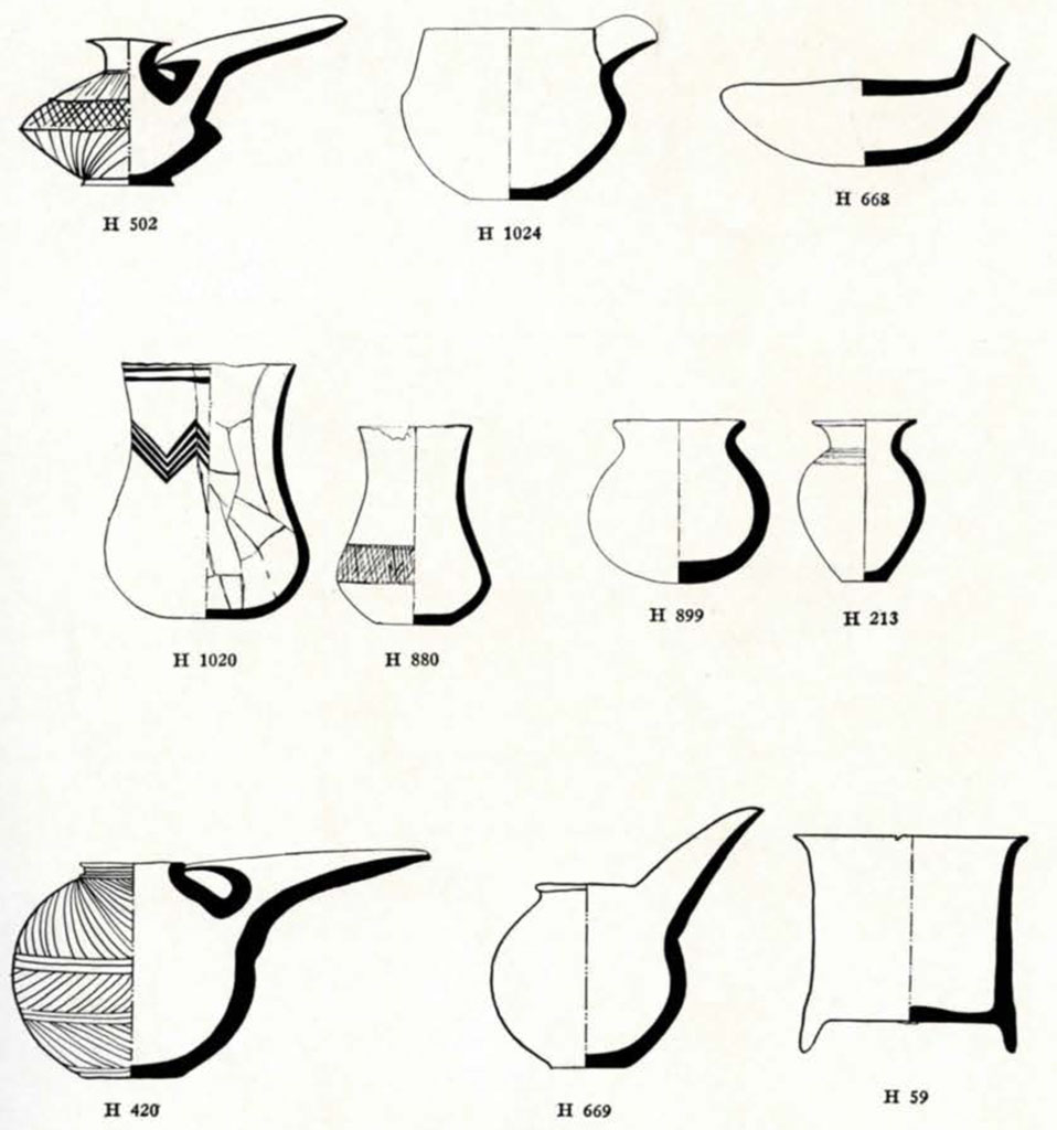 Drawing of exterior and cross section views of several pitchers and vessels