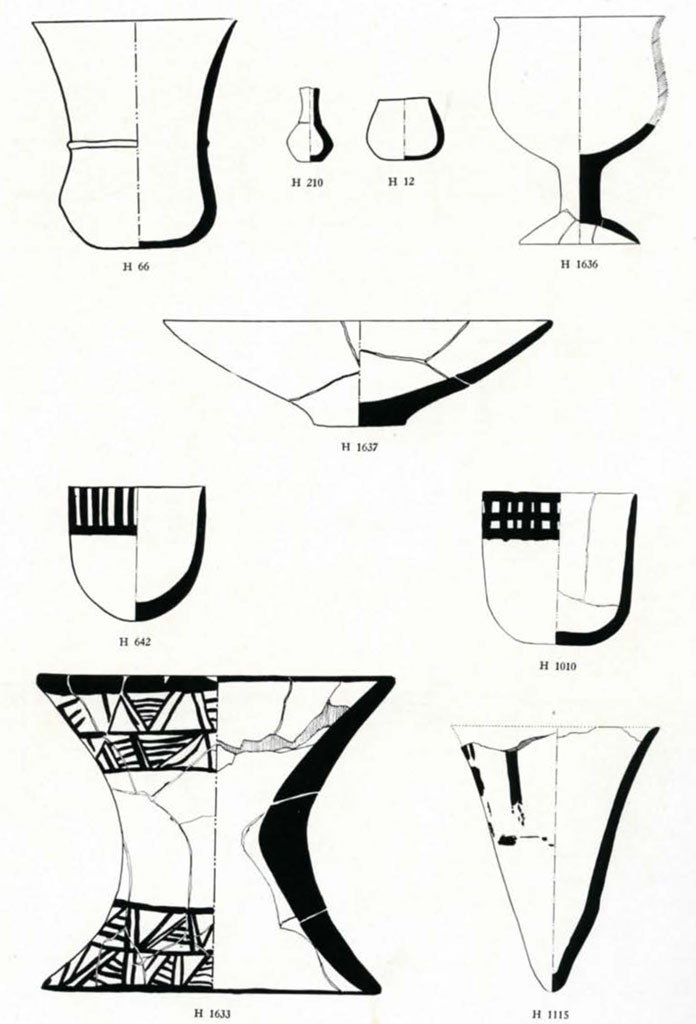 Drawing of exterior and cross section views of cups, bowls, and vessels