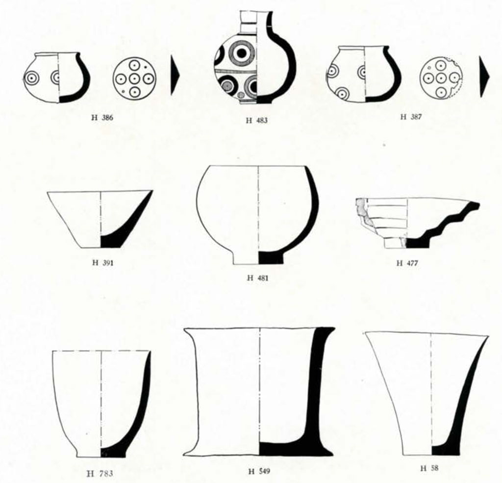 Exterior and cross section drawings of vessels, some of which are decorated with circle motifs