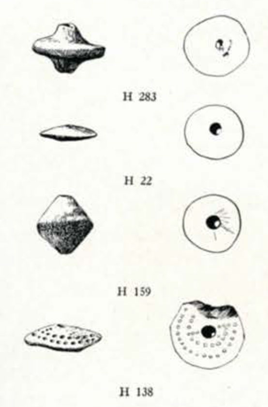 Top and side view drawings of whorls or beads