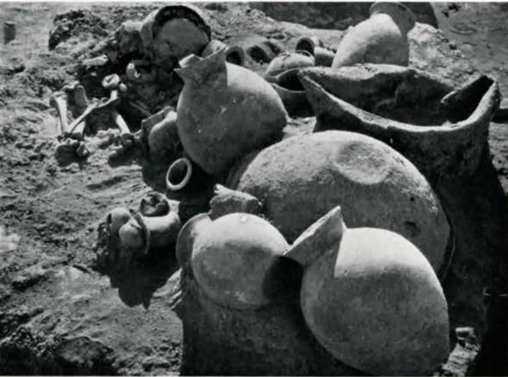 An excavated burial, lots of jars