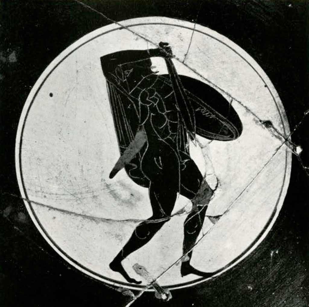 Interior design of a kylix showing a warrior with a sword and a shield