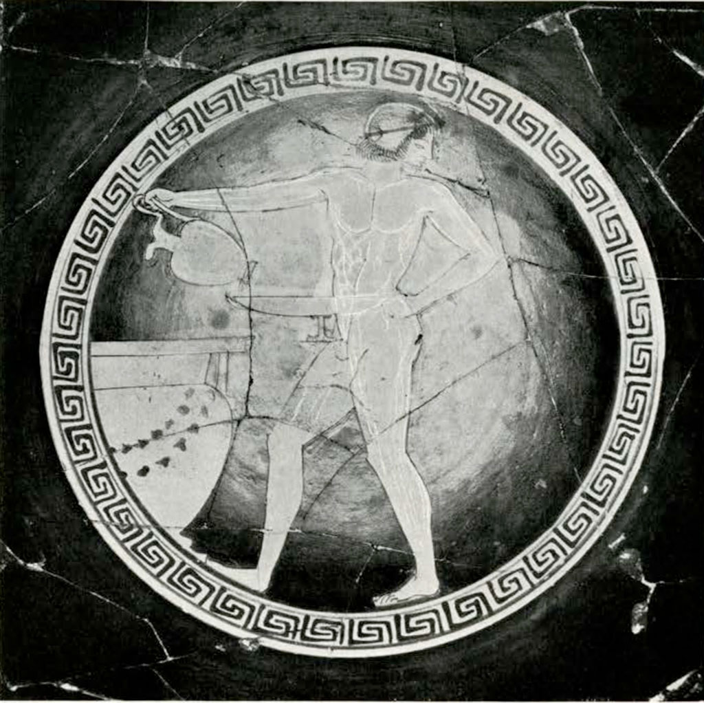 Interior design of a kylix showing a nude figure pouring from an amphora into a large vessel in a round