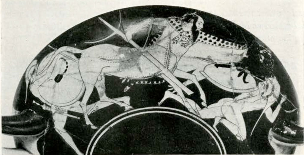 Exterior of a cup with two handles showing a centaur and warriors