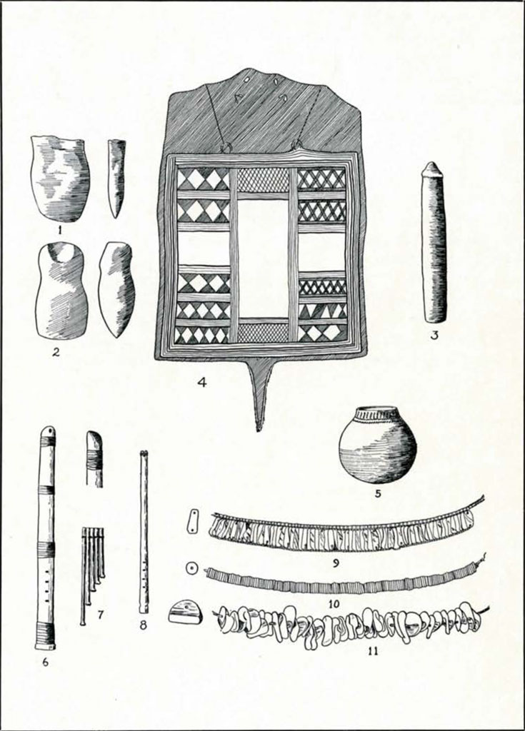 Drawings of several objects including necklaces or bracelets, small flutes, a pan pipe, and the design on the inside of a cape
