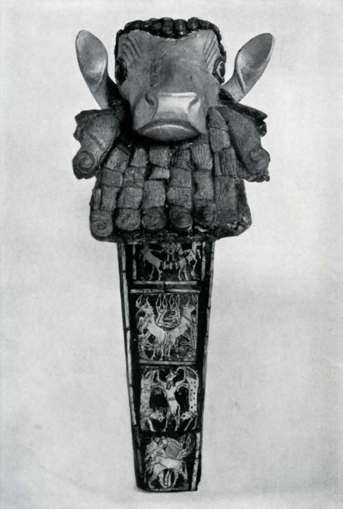Reconstruction of the body of a harp with a plaque and bearded calf head, front view