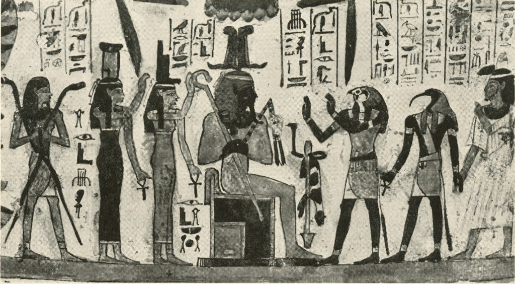 Part of a coffins decoration showing a seated Osiris with several other standing figures