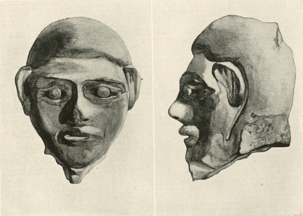 Drawing of front and side views of a head