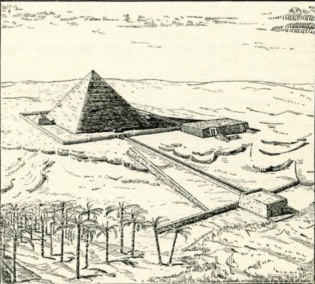 Drawing of the Meydum pyramid and site with causeway in surrounding desert