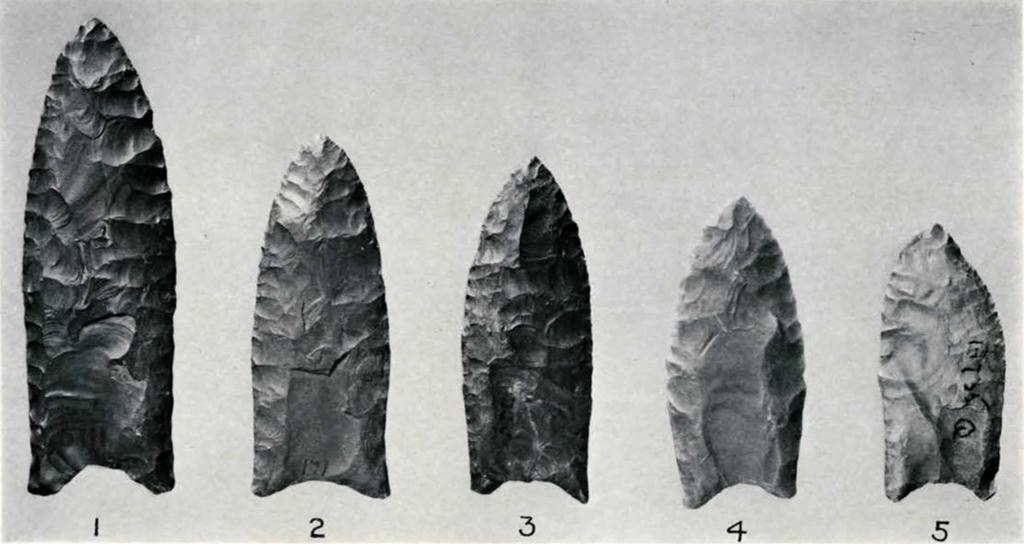 five carved stone spear points