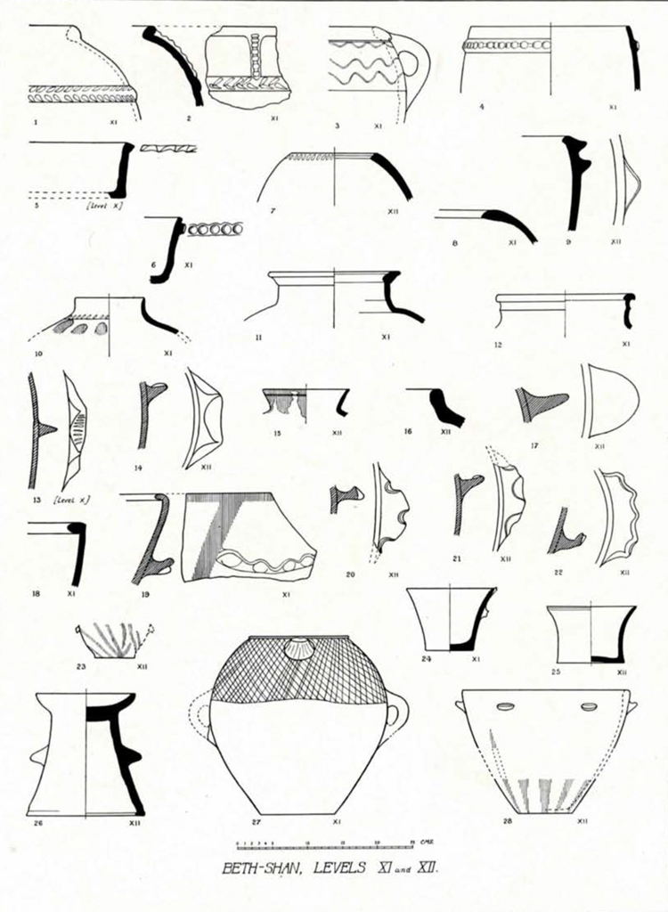 Drawn cross section diagram of pottery jars, necks, and handles from levels xi and xii