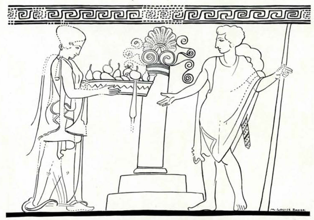 Drawing of design on a vase showing two people standing on either side of a stele, woman is holding a basket full of fruit