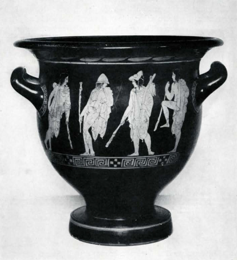 Krater showing four figures all in draped cloaks and holding sticks, middle two wearing helmets