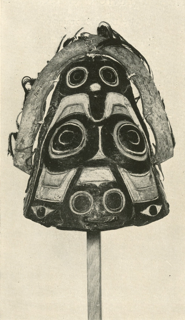 War helmet in the shape of a sharks head, showing the back design