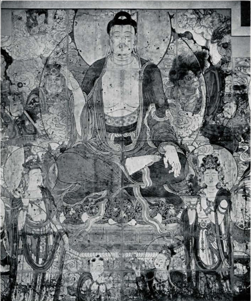Portion of a fresco showing the Buddha of Healing cross legged on a throne