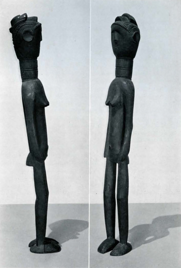 Side views of a wooden statue of a standing person with long neck and intricate head piece or hair