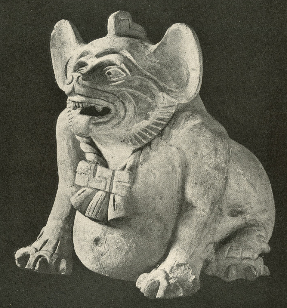 Effigy urn in the shape of a seated animal with its mouth open
