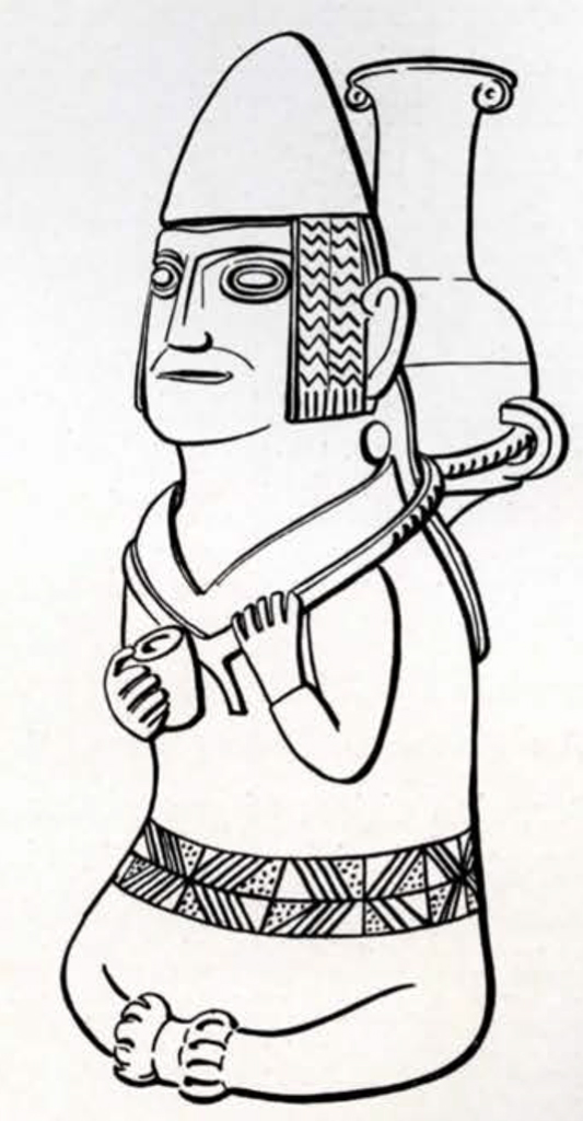 Drawing of an effigy vessel of a seated man with an aryballus on this back