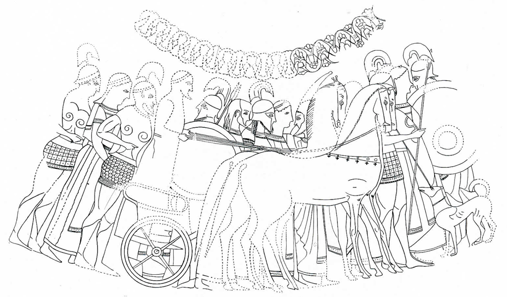 Line drawing of the design on the amphora showing a horse drawn chariot and many warriors