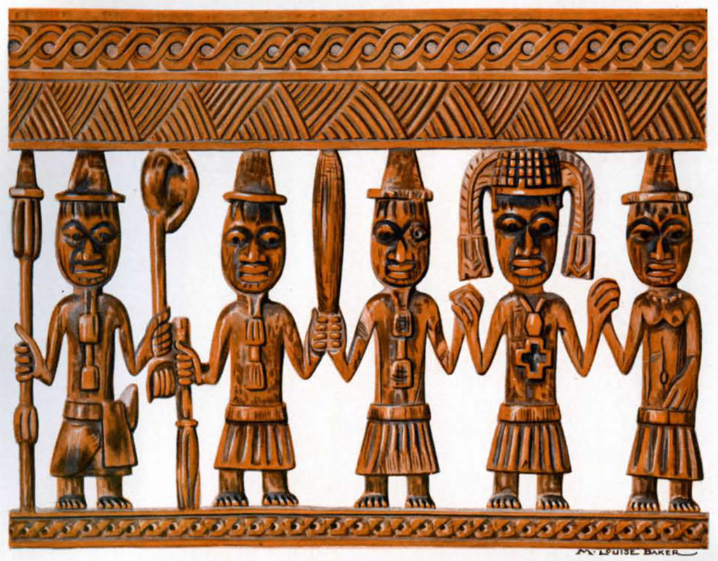Drawing of the design of the standing figures holding up the cup