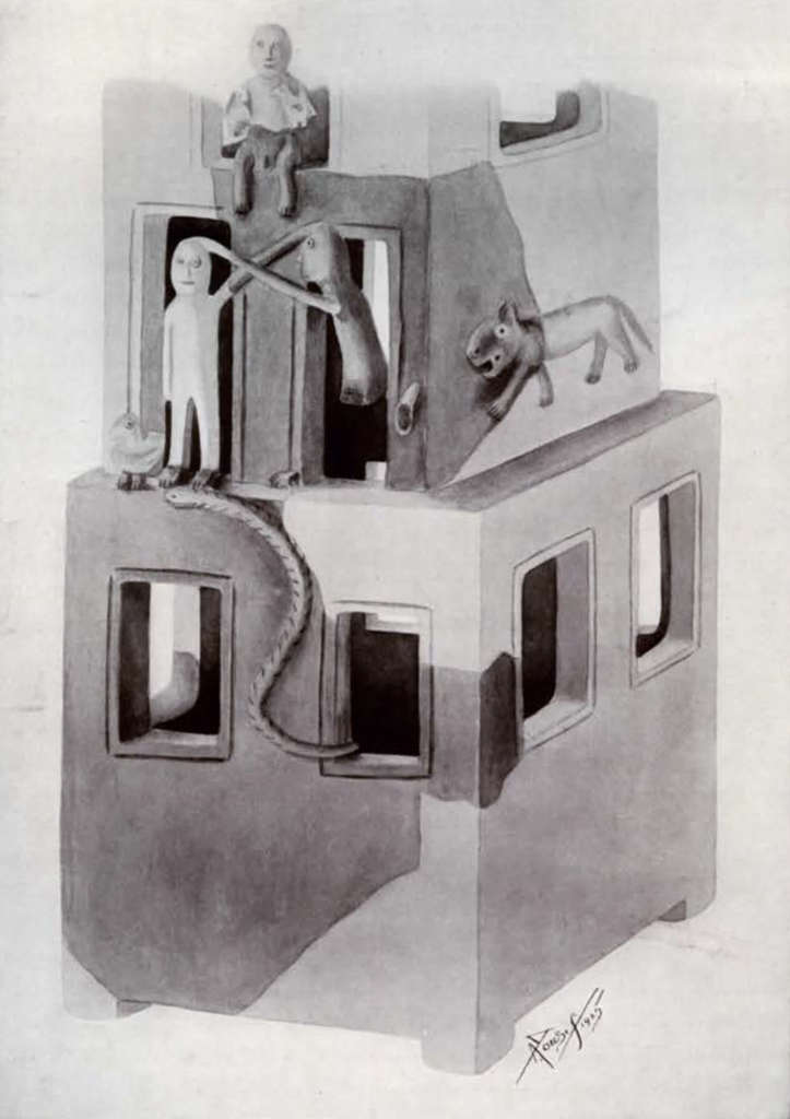 Drawing of an object showing a two level building with three figures and various animals in the windows
