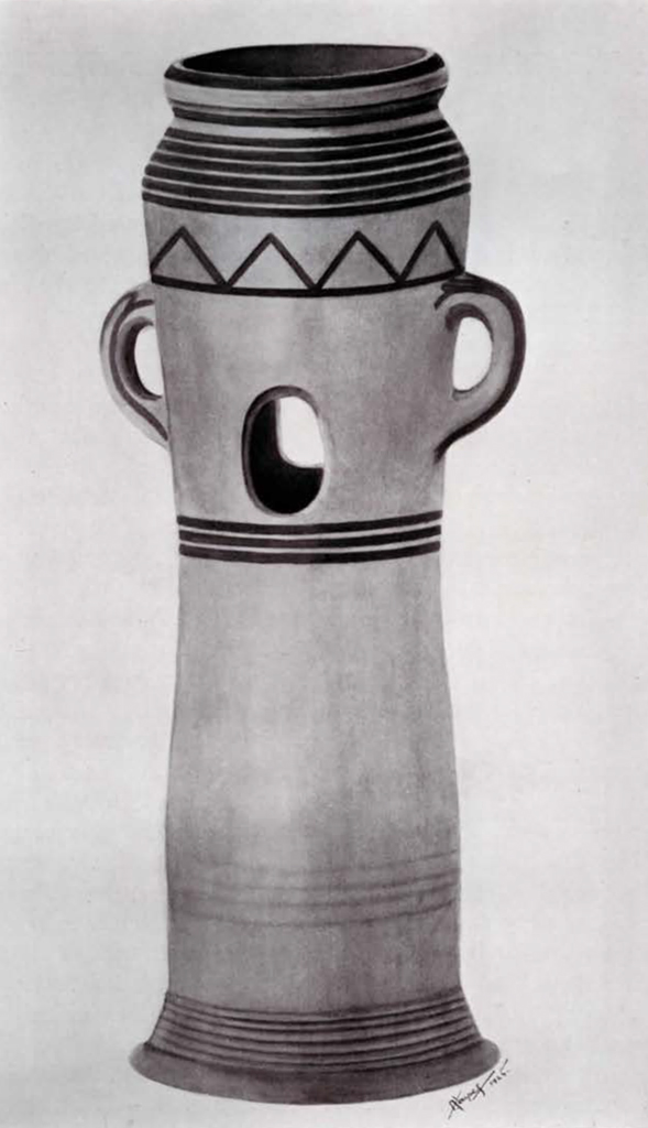 Drawing of a cylindrical object with two small handles and painted decoration in bands