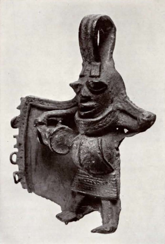 Bronze figure of a dwarf with round belly, loop at the top of the head