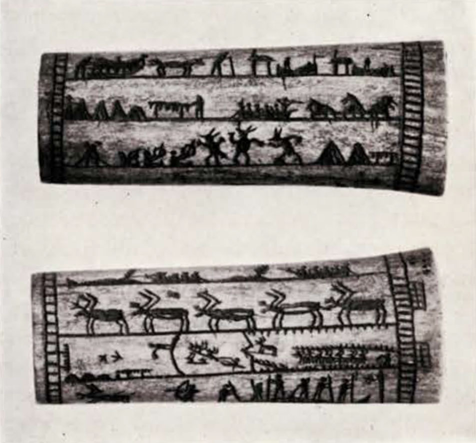 top and bottom of antler box with registers of animal and hunting designs