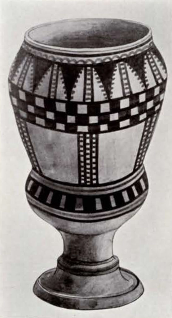 A drawing of a tall vase with geometric painted designs