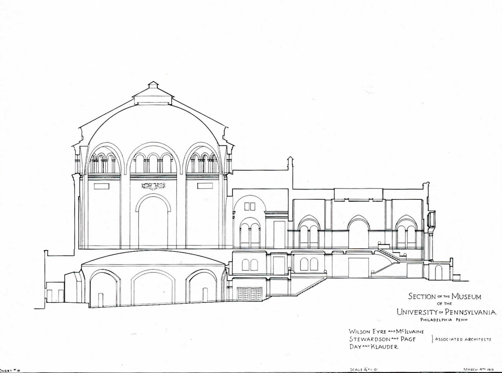 Sketch of cross section of the University Museum showing the new Rotunda and Harrison Auditorium